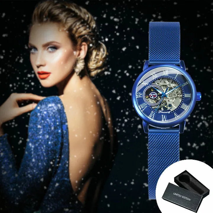 Forsining Fashion Elegant Rose Gold Mechanical Watch for Men Mesh Stainless Steel Strap Luxury Ladies Watches