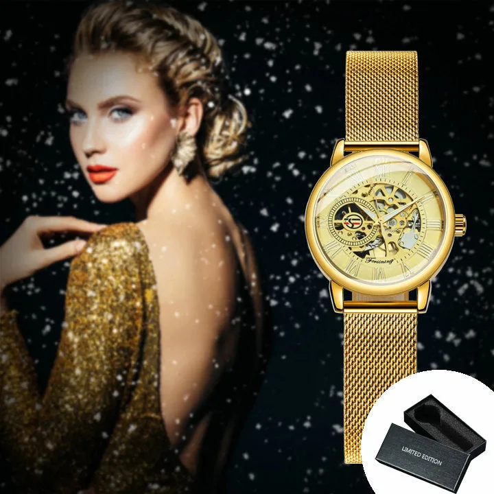Forsining Fashion Elegant Rose Gold Mechanical Watch for Men Mesh Stainless Steel Strap Luxury Ladies Watches