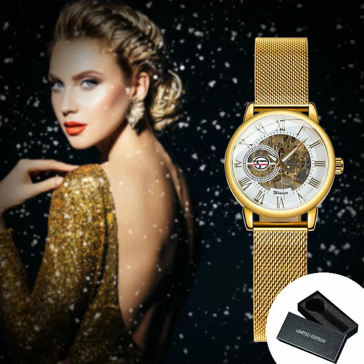 Forsining Fashion Elegant Rose Gold Mechanical Watch for Men Mesh Stainless Steel Strap Luxury Ladies Watches