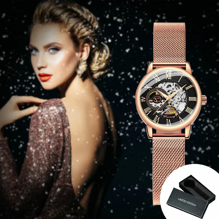 Forsining Fashion Elegant Rose Gold Mechanical Watch for Men Mesh Stainless Steel Strap Luxury Ladies Watches