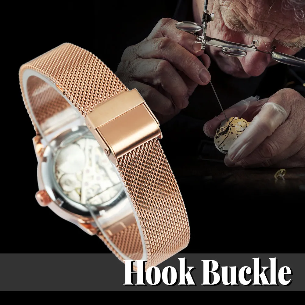 Forsining Fashion Elegant Rose Gold Mechanical Watch for Men Mesh Stainless Steel Strap Luxury Ladies Watches