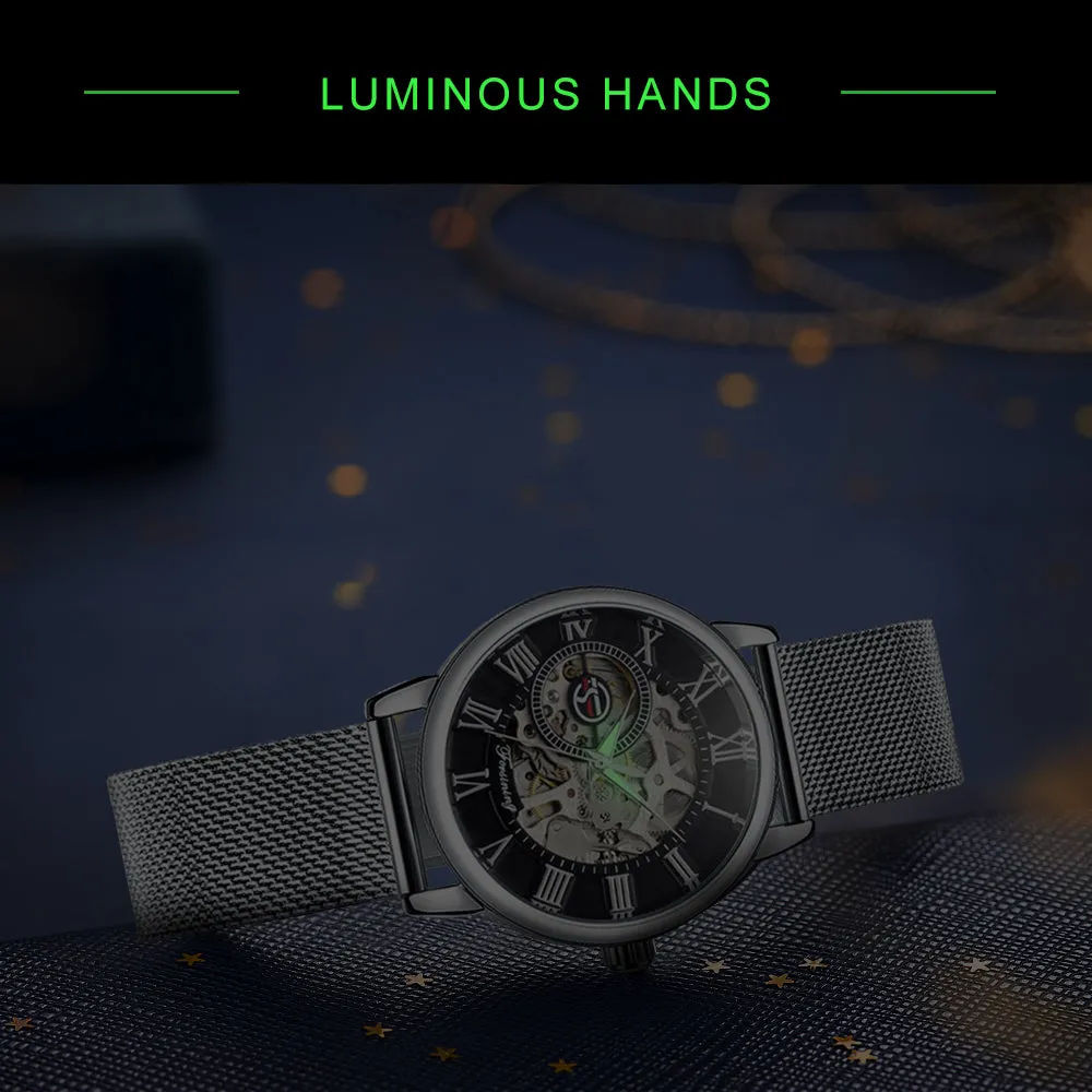 Forsining Fashion Elegant Rose Gold Mechanical Watch for Men Mesh Stainless Steel Strap Luxury Ladies Watches