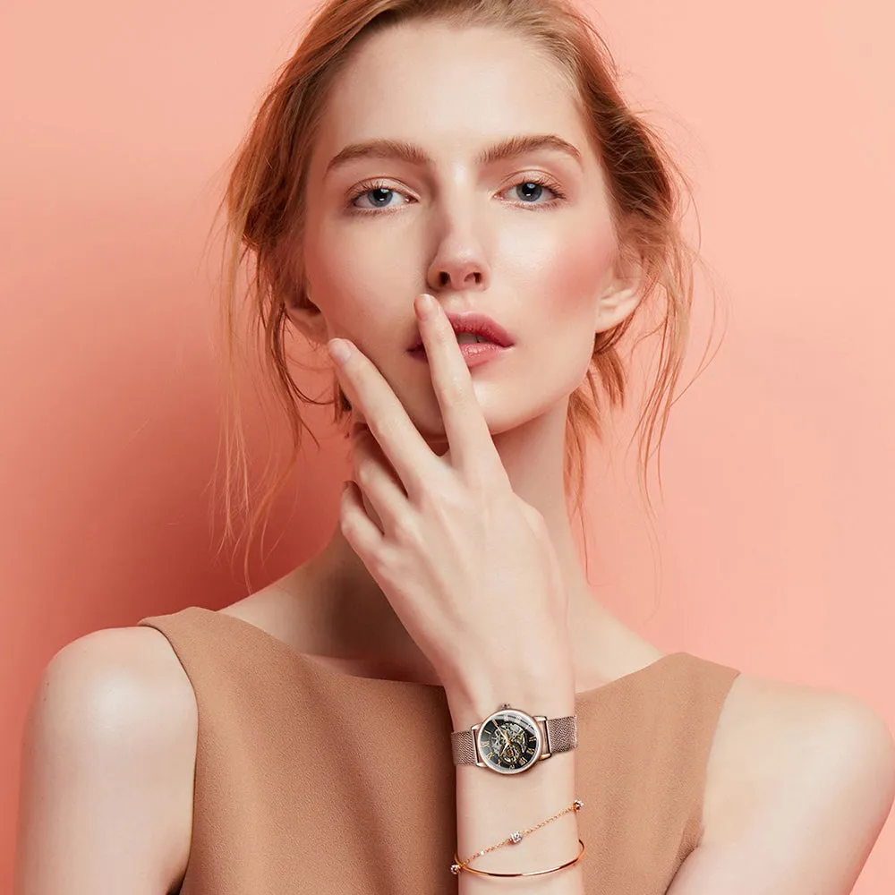 Forsining Fashion Elegant Rose Gold Mechanical Watch for Men Mesh Stainless Steel Strap Luxury Ladies Watches