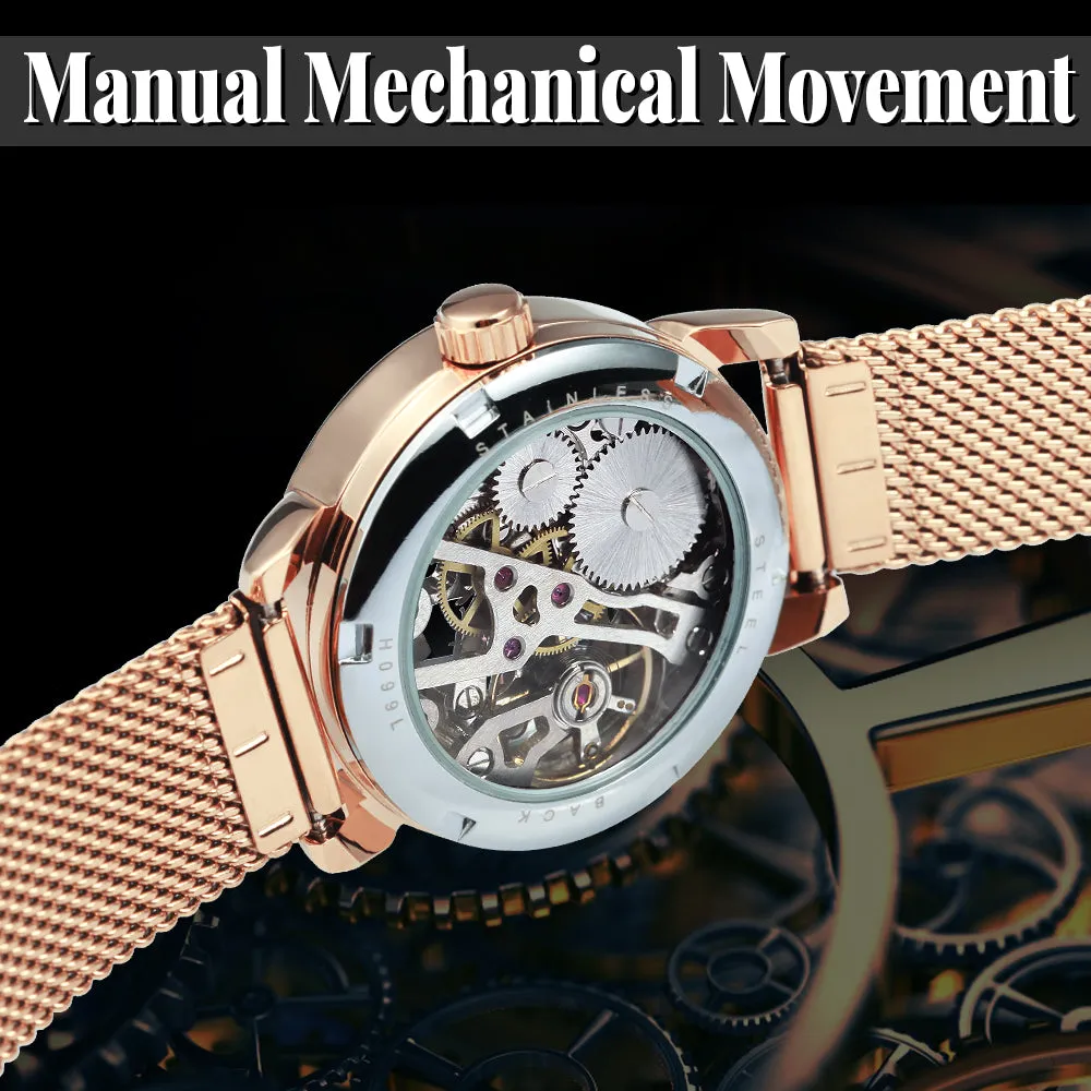 Forsining Fashion Elegant Rose Gold Mechanical Watch for Men Mesh Stainless Steel Strap Luxury Ladies Watches