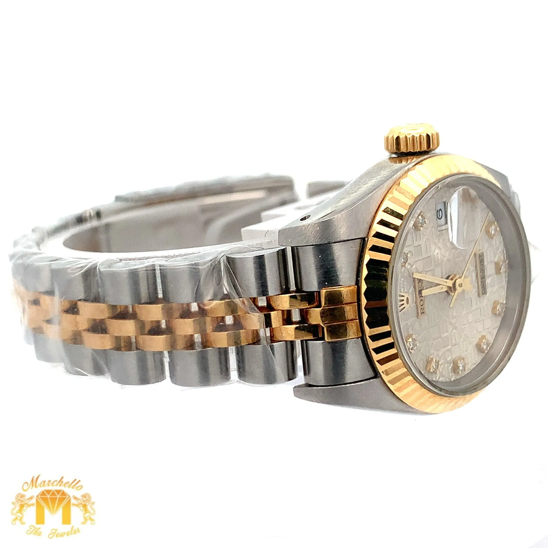 Full factory 26mm Ladies`Rolex Watch with Two-Tone Jubilee Bracelet (diamond dial, fluted bezel)