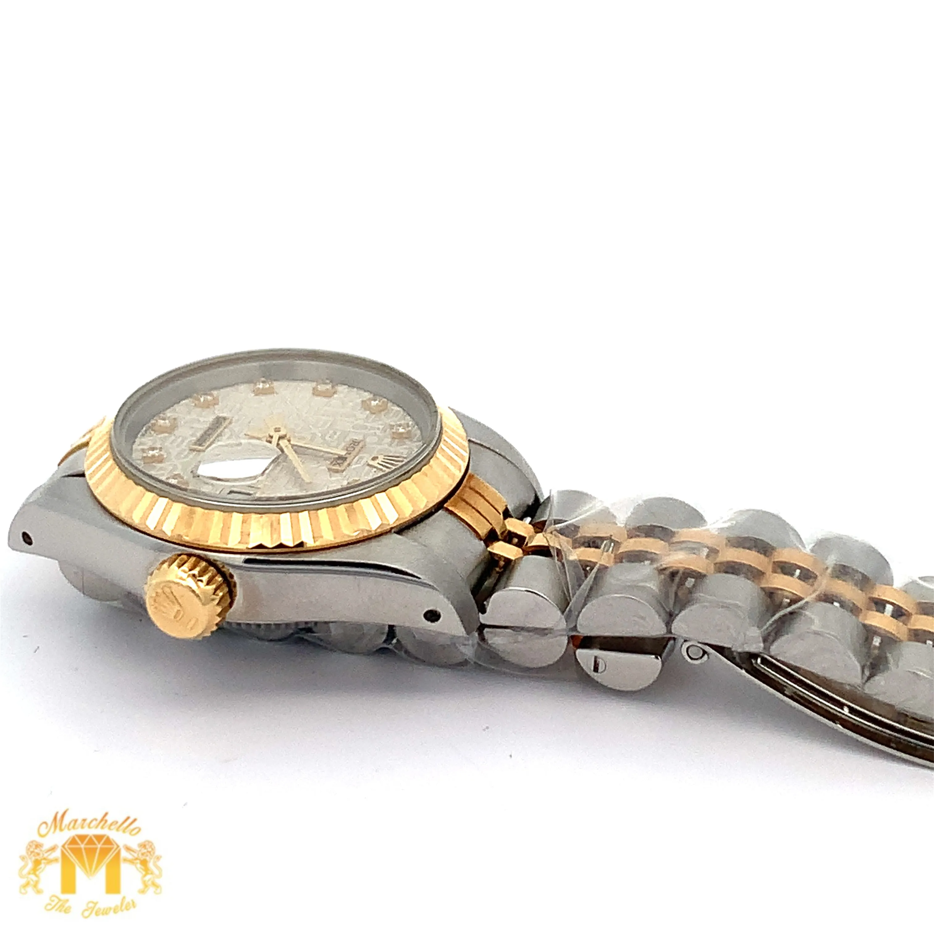 Full factory 26mm Ladies`Rolex Watch with Two-Tone Jubilee Bracelet (diamond dial, fluted bezel)
