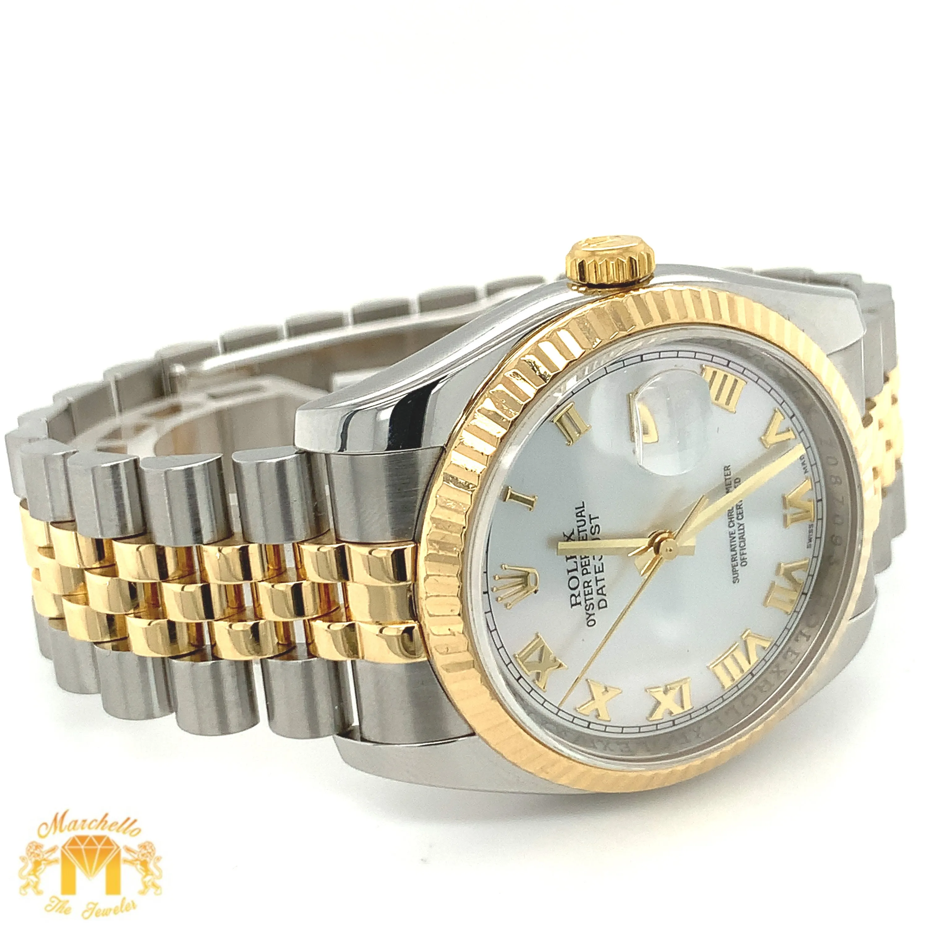 Full factory 36mm Diamond Rolex watch with Two-tone Jubilee Bracelet (Mother of pearl(MOP) factory Roman dial)