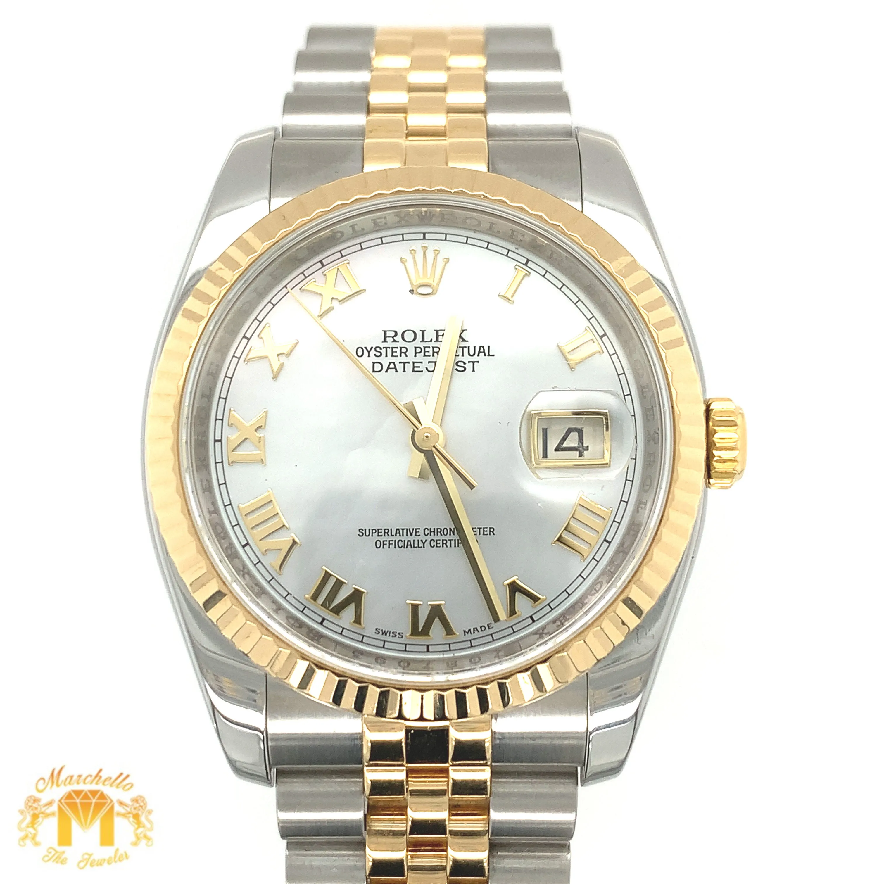 Full factory 36mm Diamond Rolex watch with Two-tone Jubilee Bracelet (Mother of pearl(MOP) factory Roman dial)