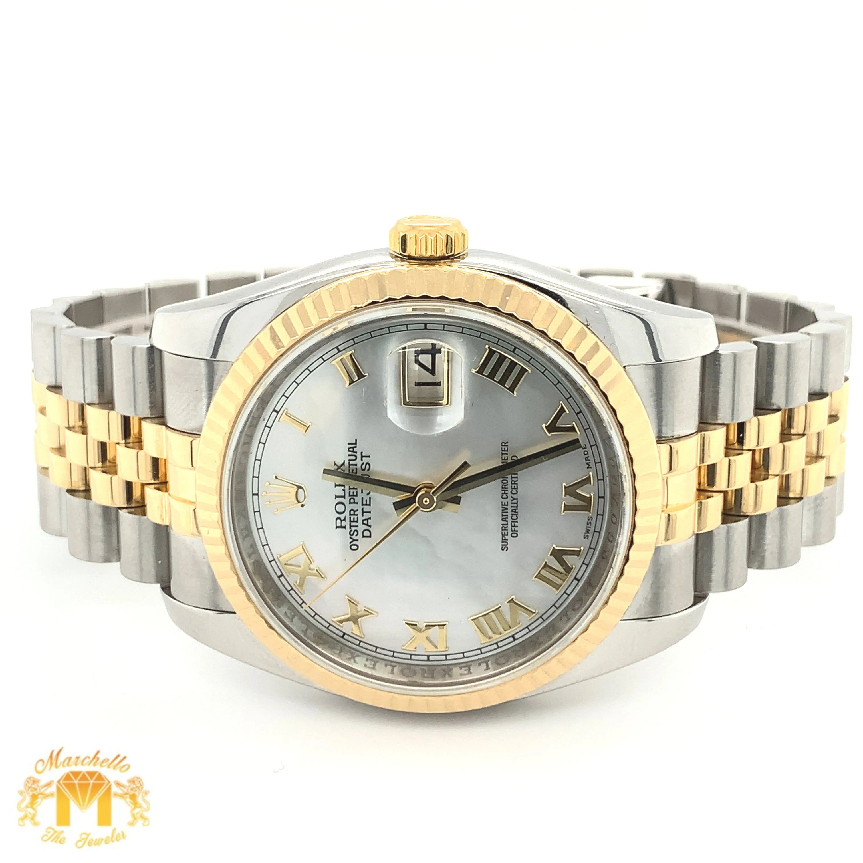 Full factory 36mm Diamond Rolex watch with Two-tone Jubilee Bracelet (Mother of pearl(MOP) factory Roman dial)