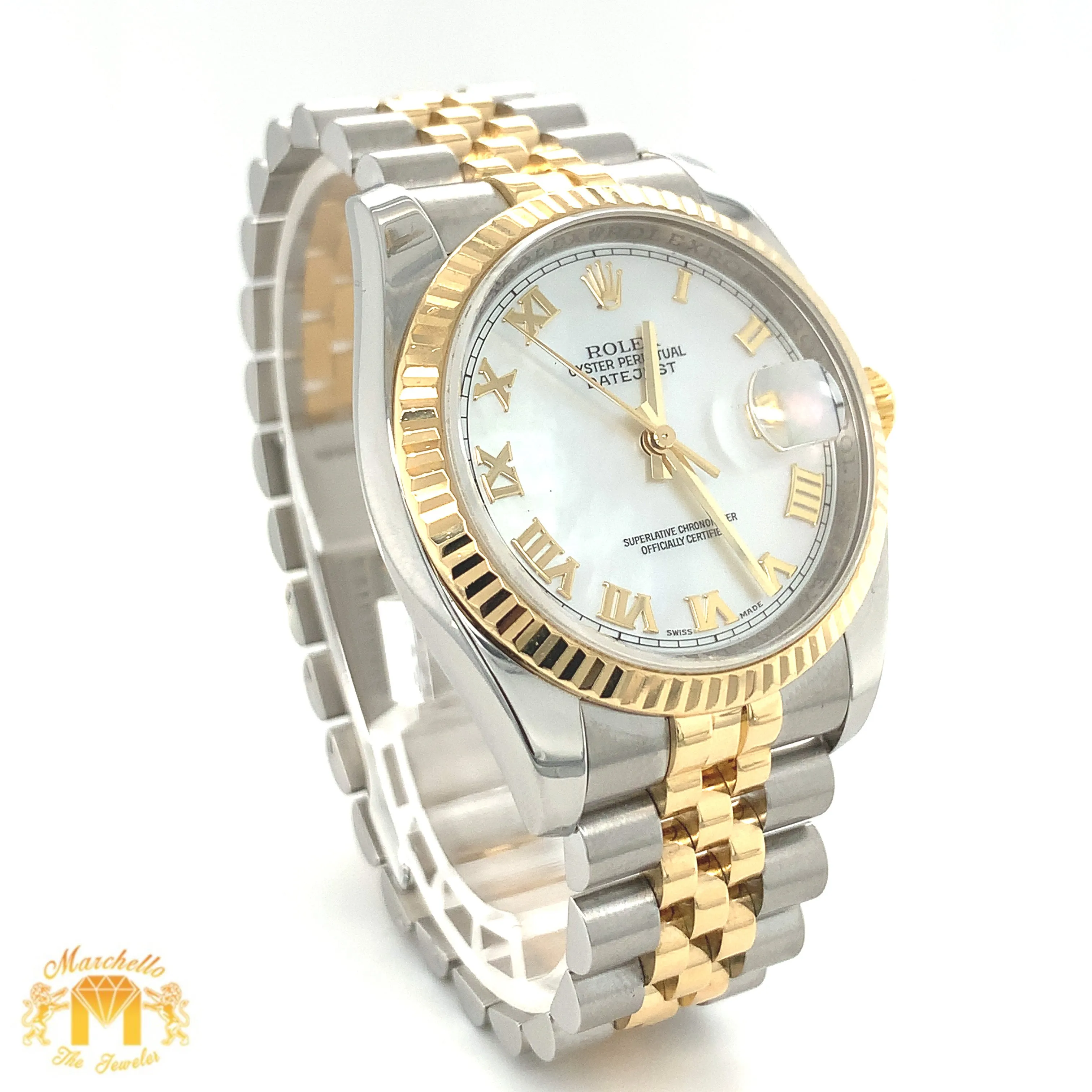 Full factory 36mm Diamond Rolex watch with Two-tone Jubilee Bracelet (Mother of pearl(MOP) factory Roman dial)
