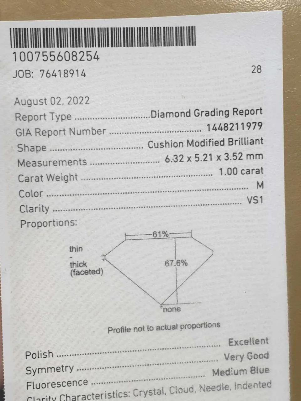 GIA Certified | 1.00ct M VS1 Cushion Cut Diamond Engagement Ring 14kt GIA Certified