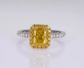 Halo Pavé Ring - Vivid Yellow Radiant Diamond - 1.51 ct.