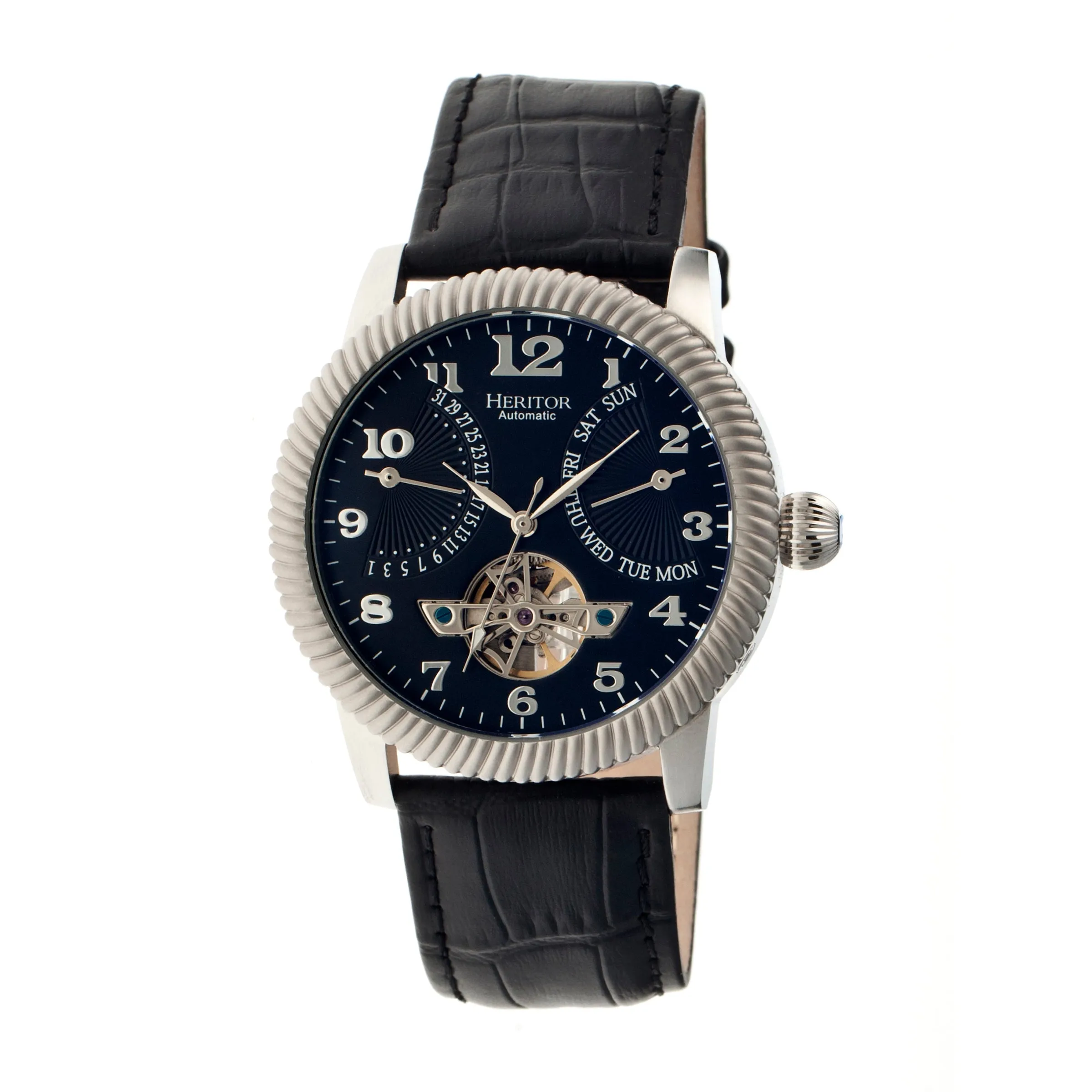 Heritor Automatic Piccard Semi-Skeleton Leather-Band Watch - Silver/Black