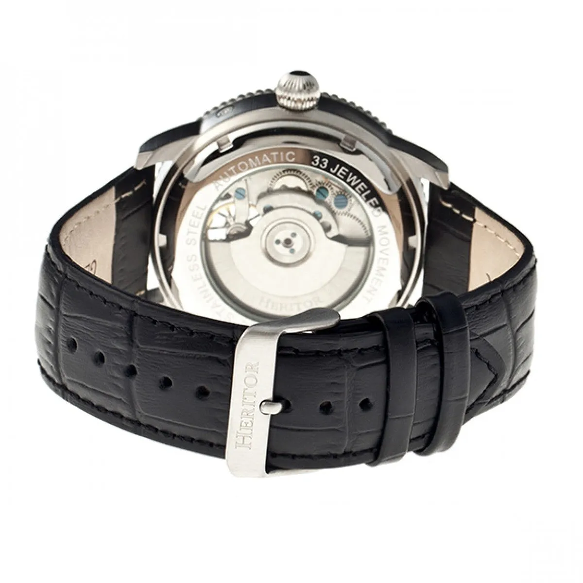 Heritor Automatic Piccard Semi-Skeleton Leather-Band Watch - Silver/Black