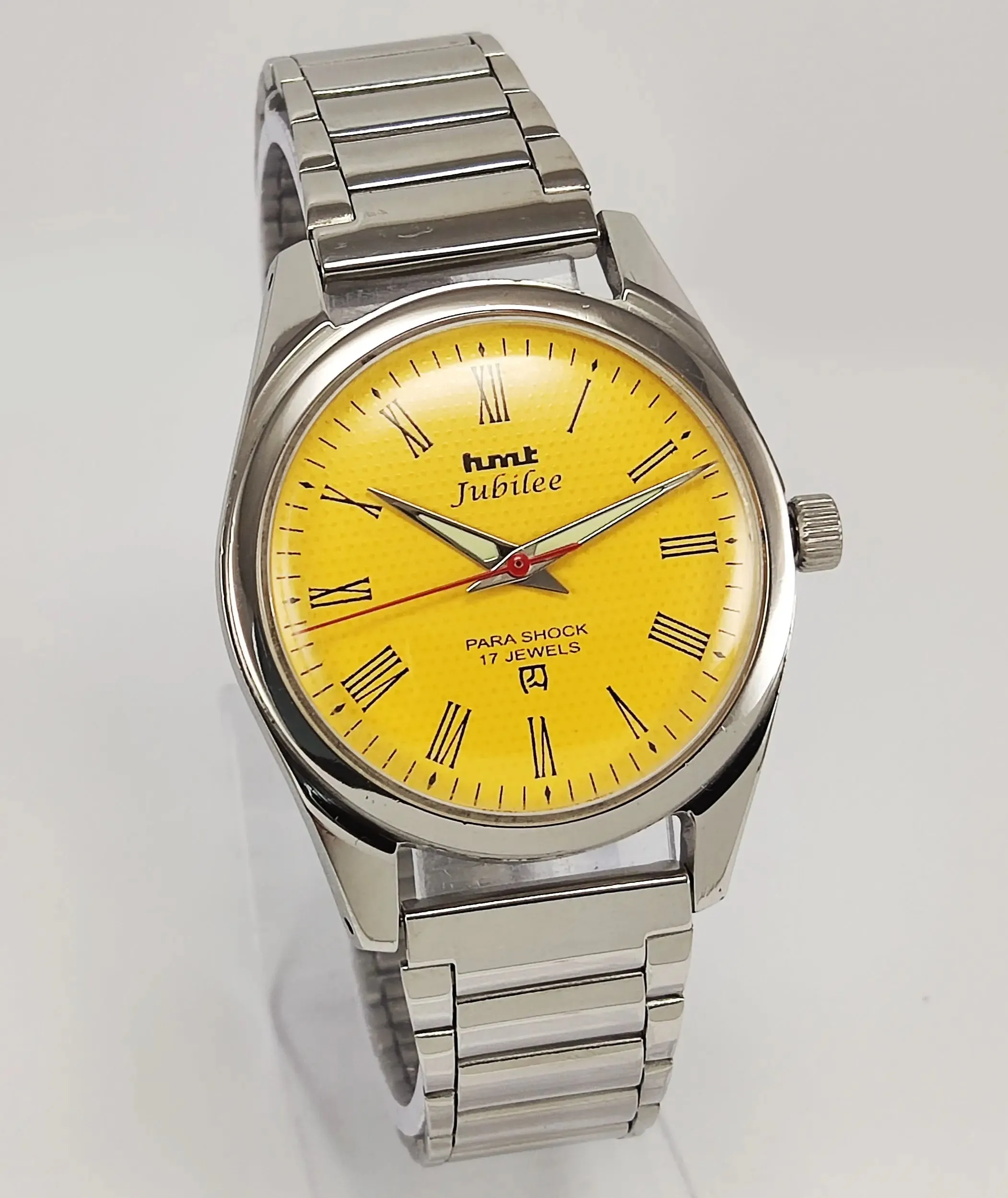 HMT Jubilee Para Shock 17 Jewels Yellow Dial Mechanical Hand winding Men's Wrist Watch