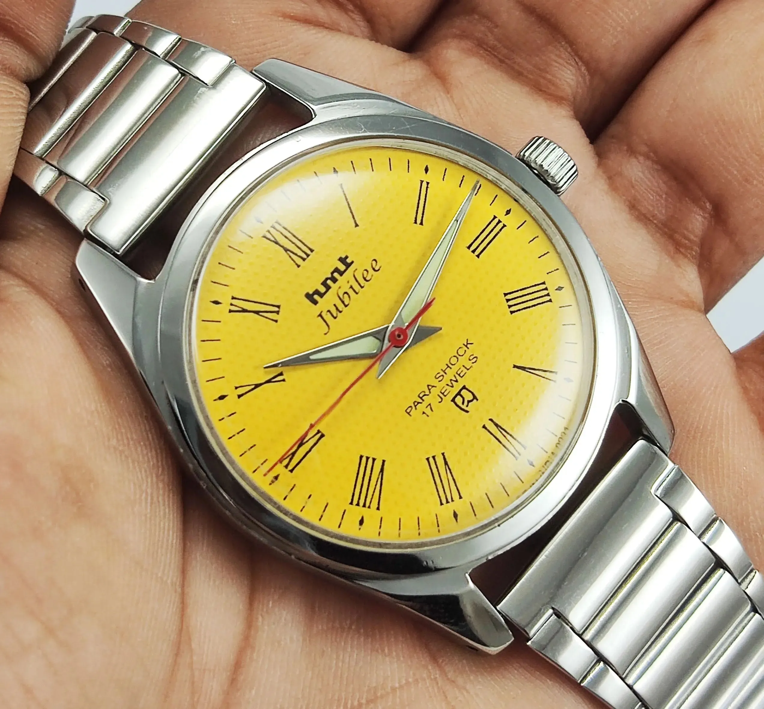HMT Jubilee Para Shock 17 Jewels Yellow Dial Mechanical Hand winding Men's Wrist Watch