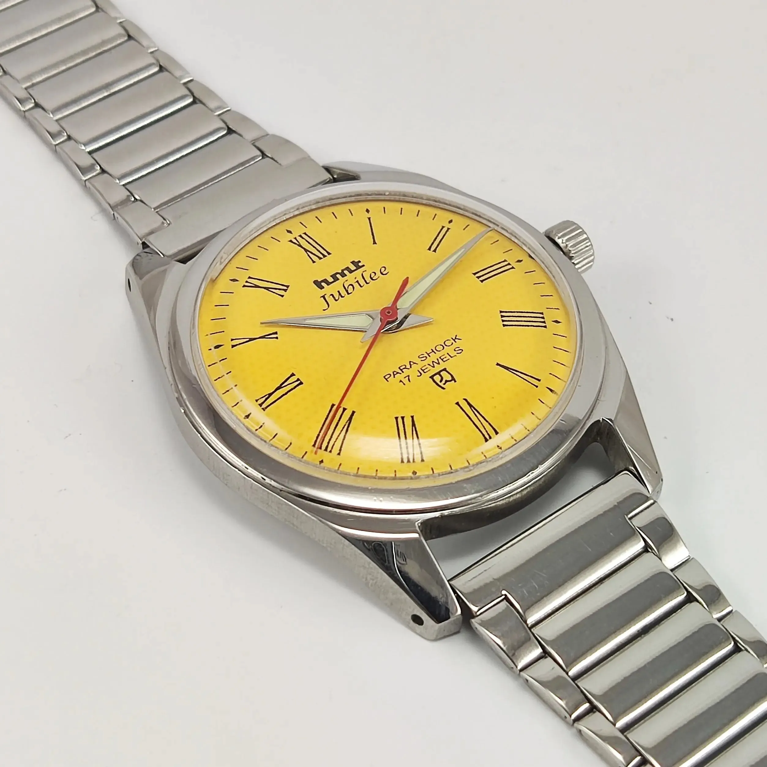 HMT Jubilee Para Shock 17 Jewels Yellow Dial Mechanical Hand winding Men's Wrist Watch