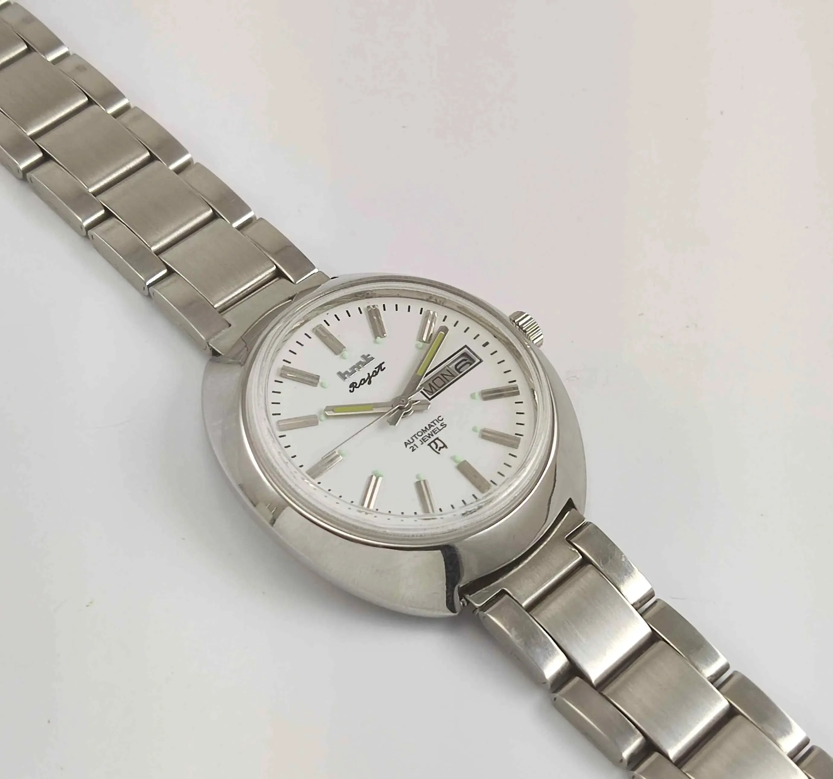 HMT Rajat White Dial Day Date 21 Jewels Transparent Back Men's Watch 0231