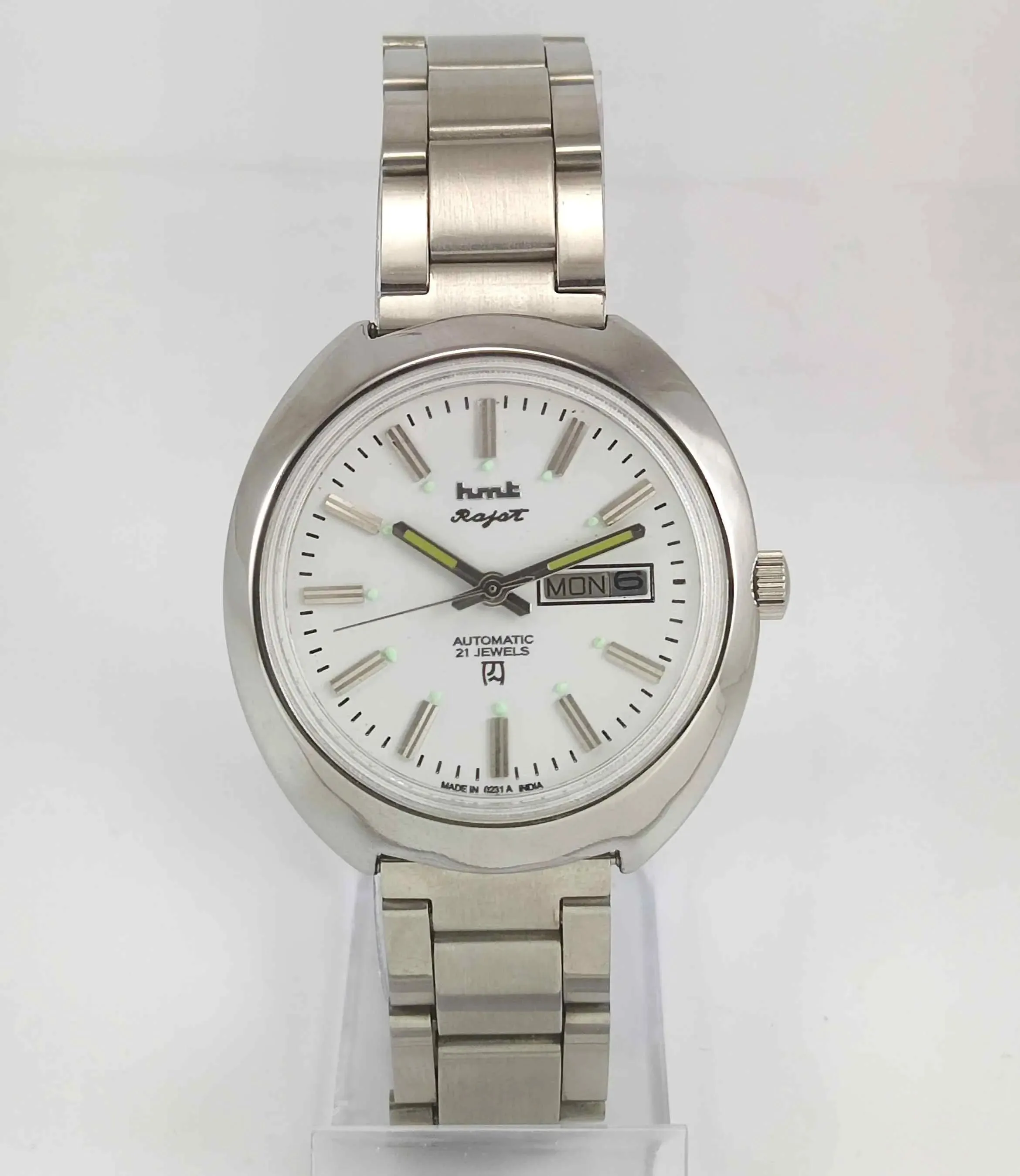 HMT Rajat White Dial Day Date 21 Jewels Transparent Back Men's Watch 0231