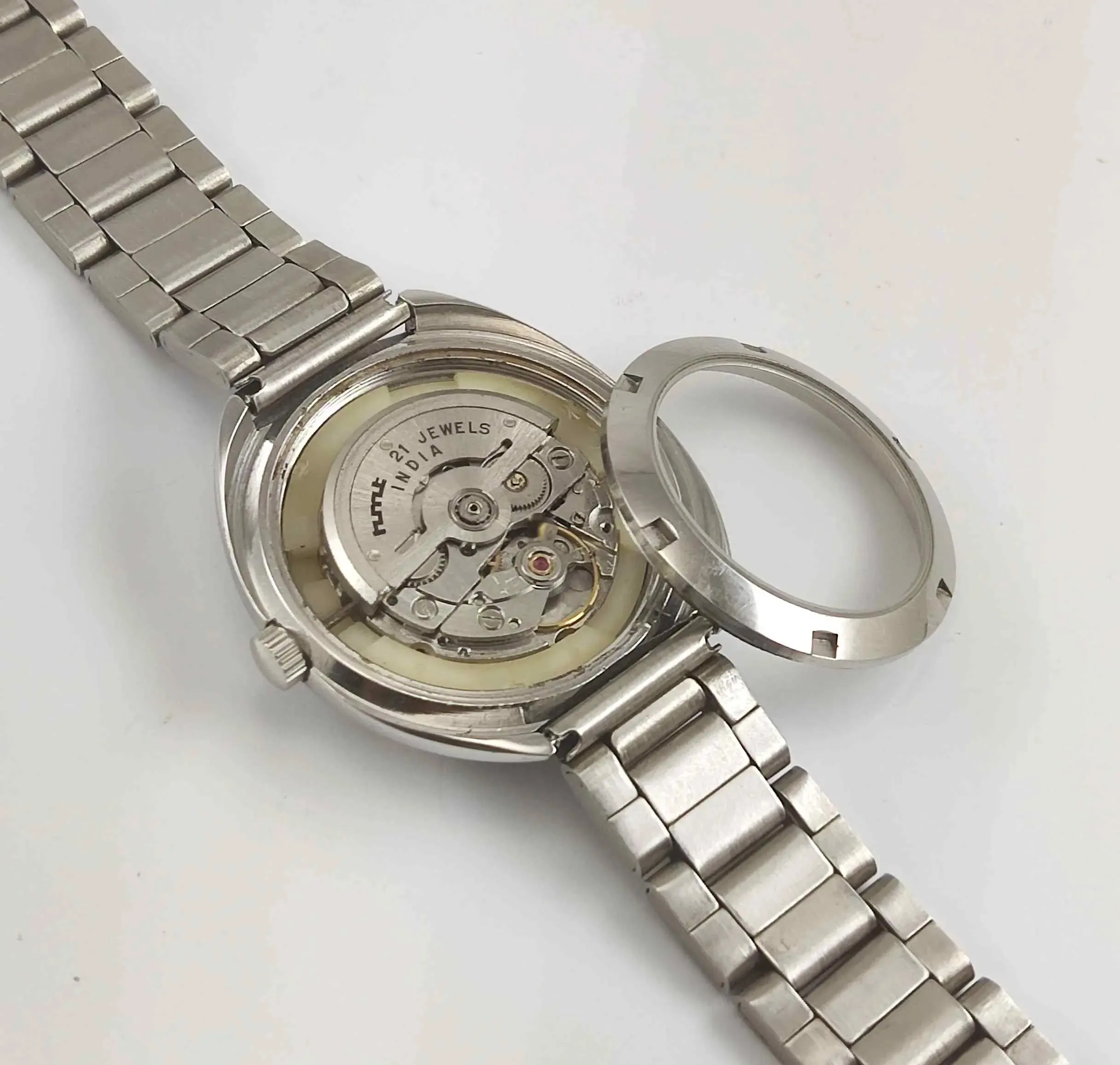 HMT Rajat White Dial Day Date 21 Jewels Transparent Back Men's Watch 0231
