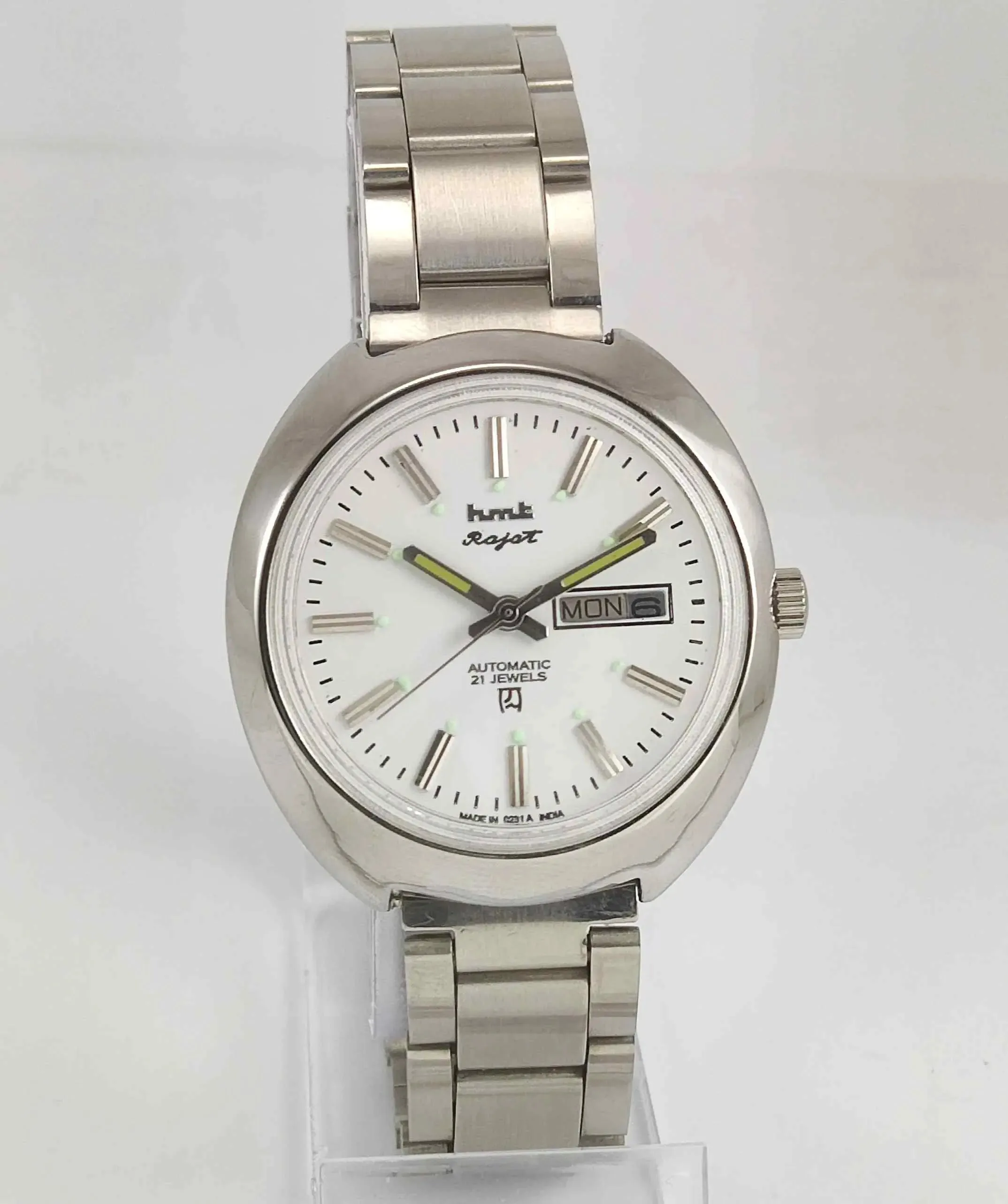 HMT Rajat White Dial Day Date 21 Jewels Transparent Back Men's Watch 0231