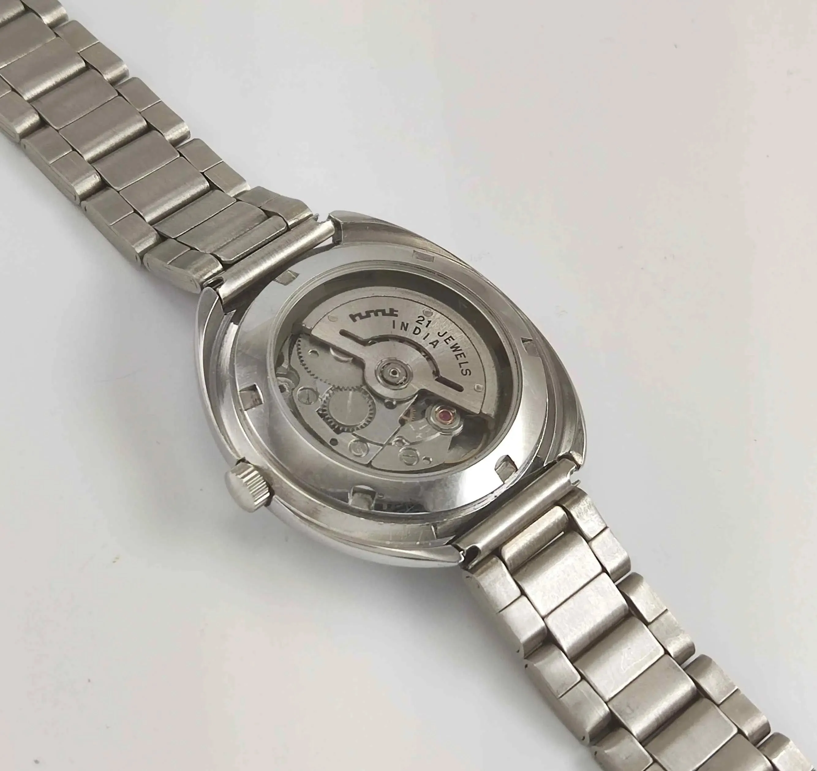 HMT Rajat White Dial Day Date 21 Jewels Transparent Back Men's Watch 0231