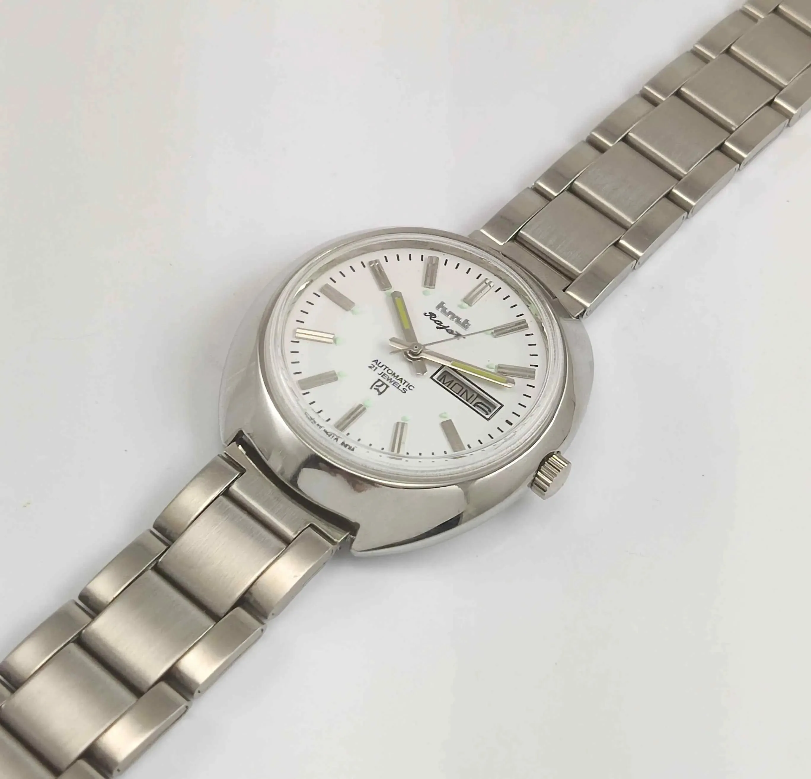 HMT Rajat White Dial Day Date 21 Jewels Transparent Back Men's Watch 0231