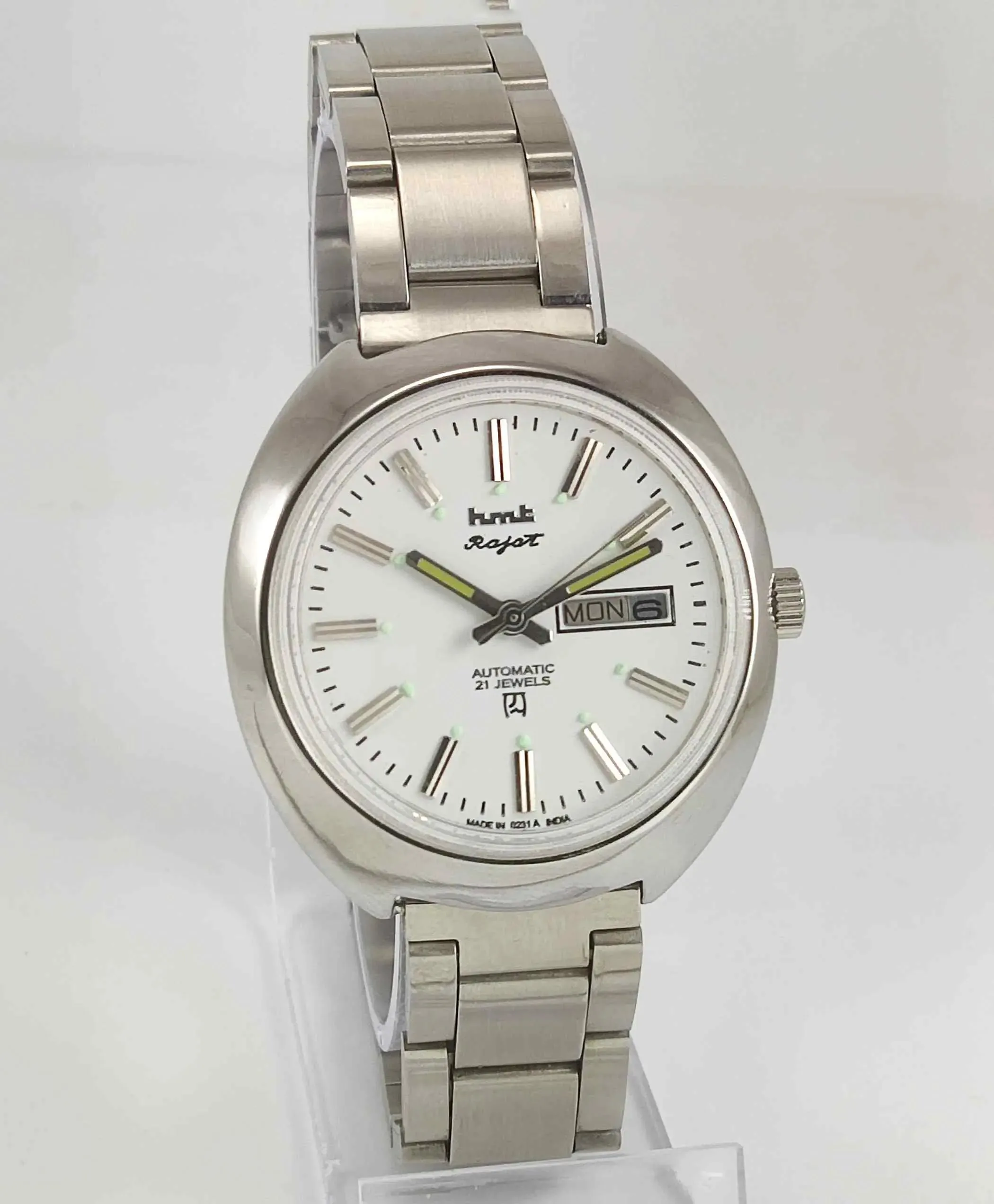 HMT Rajat White Dial Day Date 21 Jewels Transparent Back Men's Watch 0231