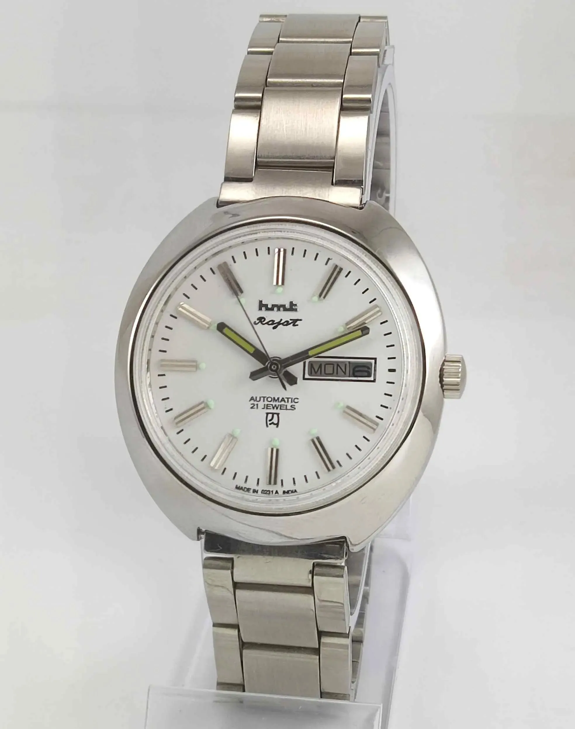 HMT Rajat White Dial Day Date 21 Jewels Transparent Back Men's Watch 0231