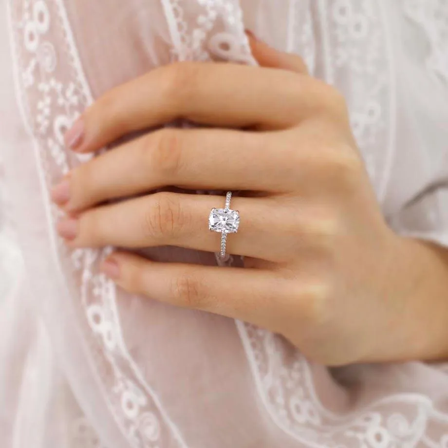 LIVELY - Elongated Cushion Lab Diamond Platinum Petite Hidden Halo Pavé Shoulder Set