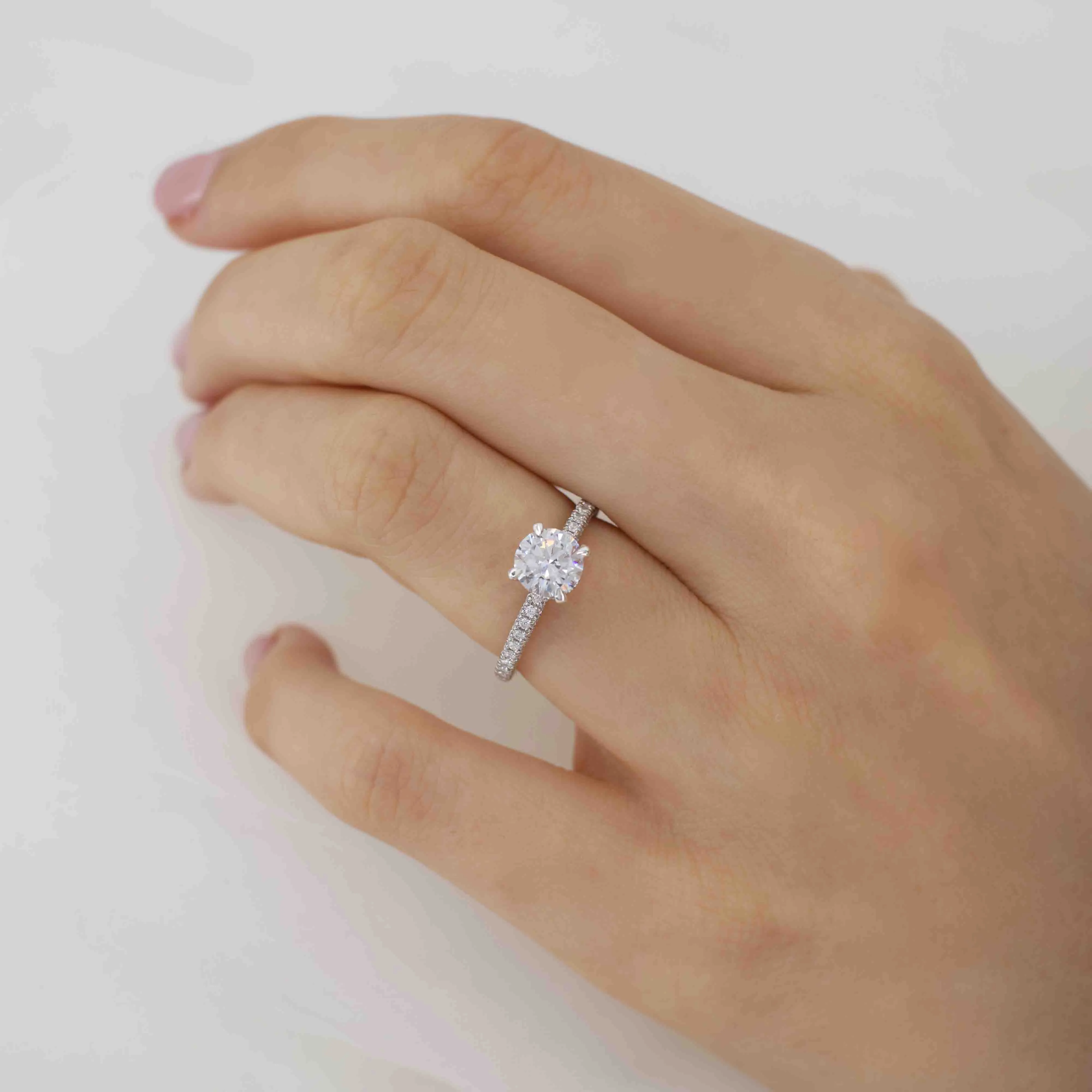 LIVELY - Round Lab Diamond 18k White Gold Petite Hidden Halo Pavé Shoulder Set Ring
