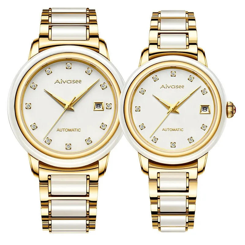 Luxury Hetian Jade Men&#39;s Automatic Mechanical Watch Hollow Stainless Steel Waterproof Male Clock Calendar Leather Couple Watch