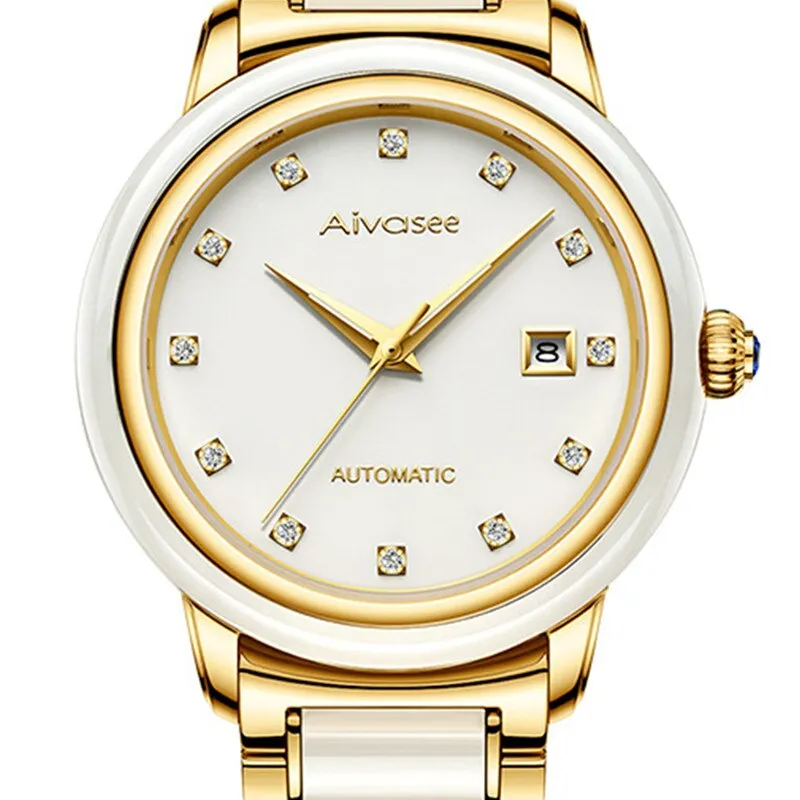 Luxury Hetian Jade Men&#39;s Automatic Mechanical Watch Hollow Stainless Steel Waterproof Male Clock Calendar Leather Couple Watch