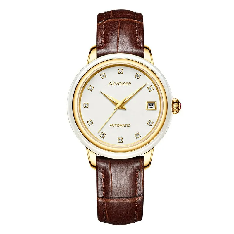 Luxury Hetian Jade Men&#39;s Automatic Mechanical Watch Hollow Stainless Steel Waterproof Male Clock Calendar Leather Couple Watch
