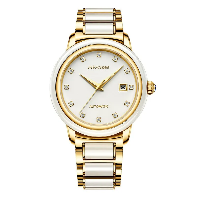 Luxury Hetian Jade Men&#39;s Automatic Mechanical Watch Hollow Stainless Steel Waterproof Male Clock Calendar Leather Couple Watch