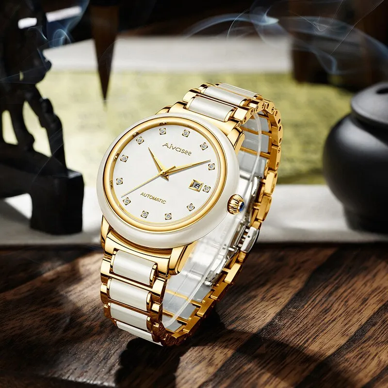 Luxury Hetian Jade Men&#39;s Automatic Mechanical Watch Hollow Stainless Steel Waterproof Male Clock Calendar Leather Couple Watch