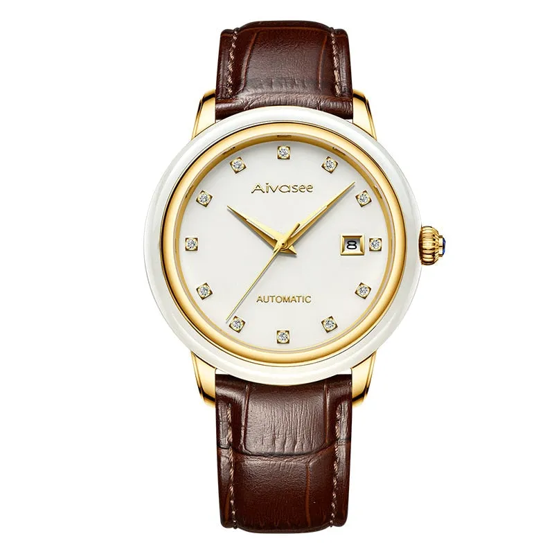 Luxury Hetian Jade Men&#39;s Automatic Mechanical Watch Hollow Stainless Steel Waterproof Male Clock Calendar Leather Couple Watch