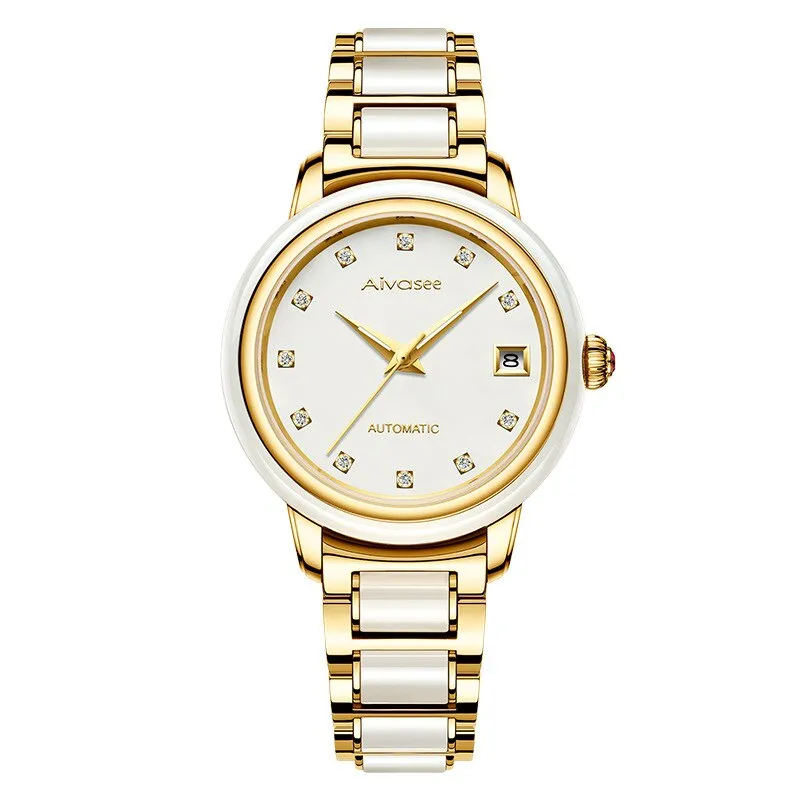 Luxury Hetian Jade Men&#39;s Automatic Mechanical Watch Hollow Stainless Steel Waterproof Male Clock Calendar Leather Couple Watch
