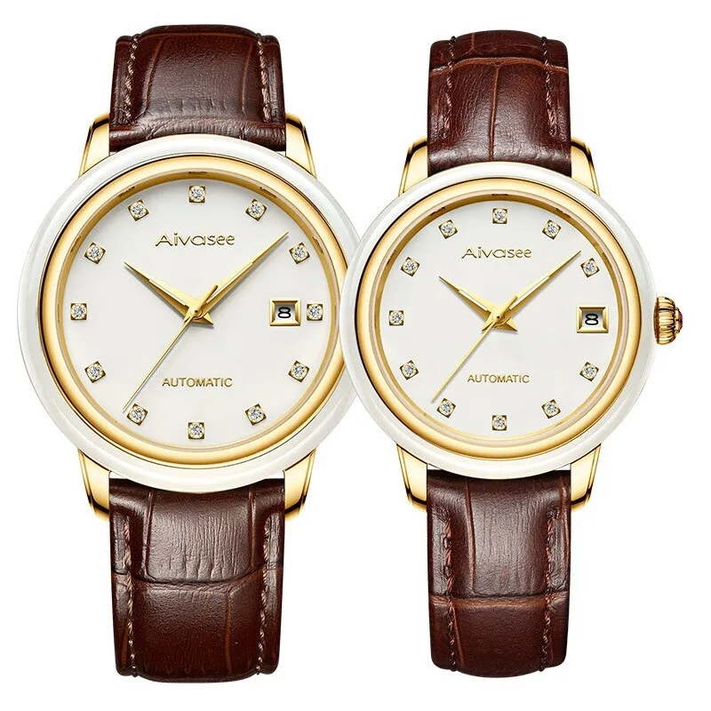 Luxury Hetian Jade Men&#39;s Automatic Mechanical Watch Hollow Stainless Steel Waterproof Male Clock Calendar Leather Couple Watch