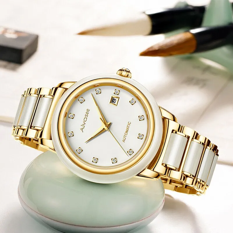 Luxury Hetian Jade Men&#39;s Automatic Mechanical Watch Hollow Stainless Steel Waterproof Male Clock Calendar Leather Couple Watch