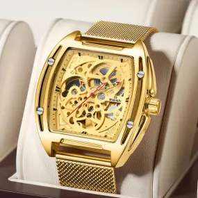 Mechanical Automatic Gold Watch with Mesh Bracelet