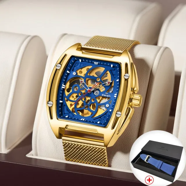 Mechanical Automatic Gold Watch with Mesh Bracelet