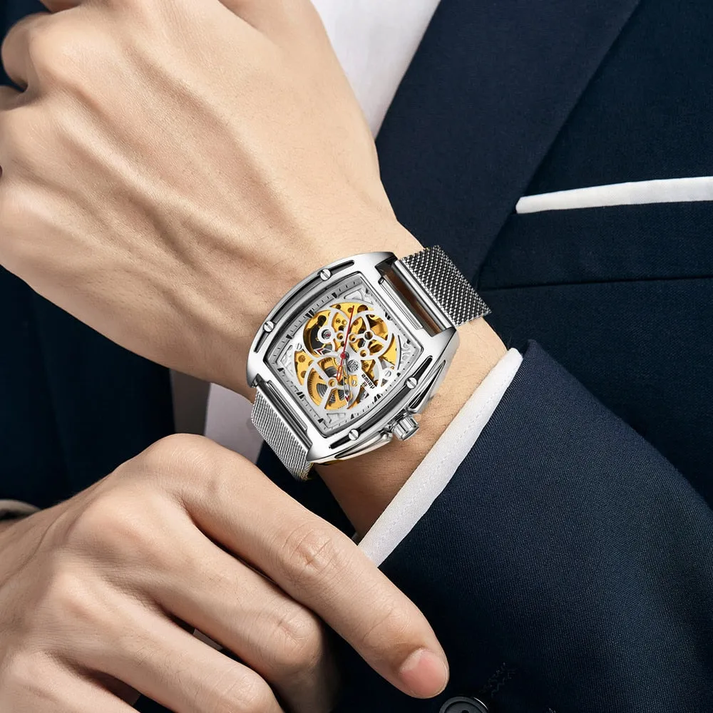 Mechanical Automatic Gold Watch with Mesh Bracelet