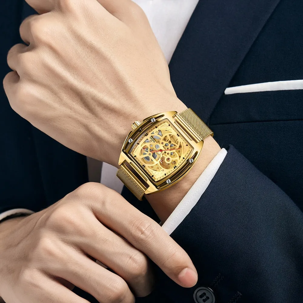 Mechanical Automatic Gold Watch with Mesh Bracelet