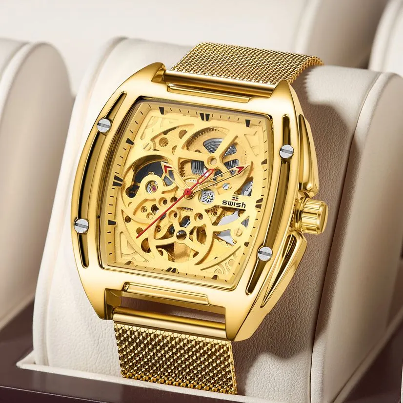Mechanical Automatic Gold Watch with Mesh Bracelet