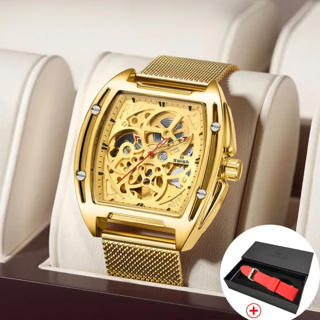 Mechanical Automatic Gold Watch with Mesh Bracelet