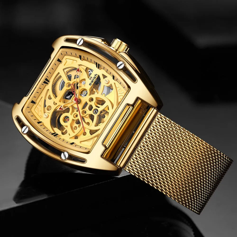 Mechanical Automatic Gold Watch with Mesh Bracelet