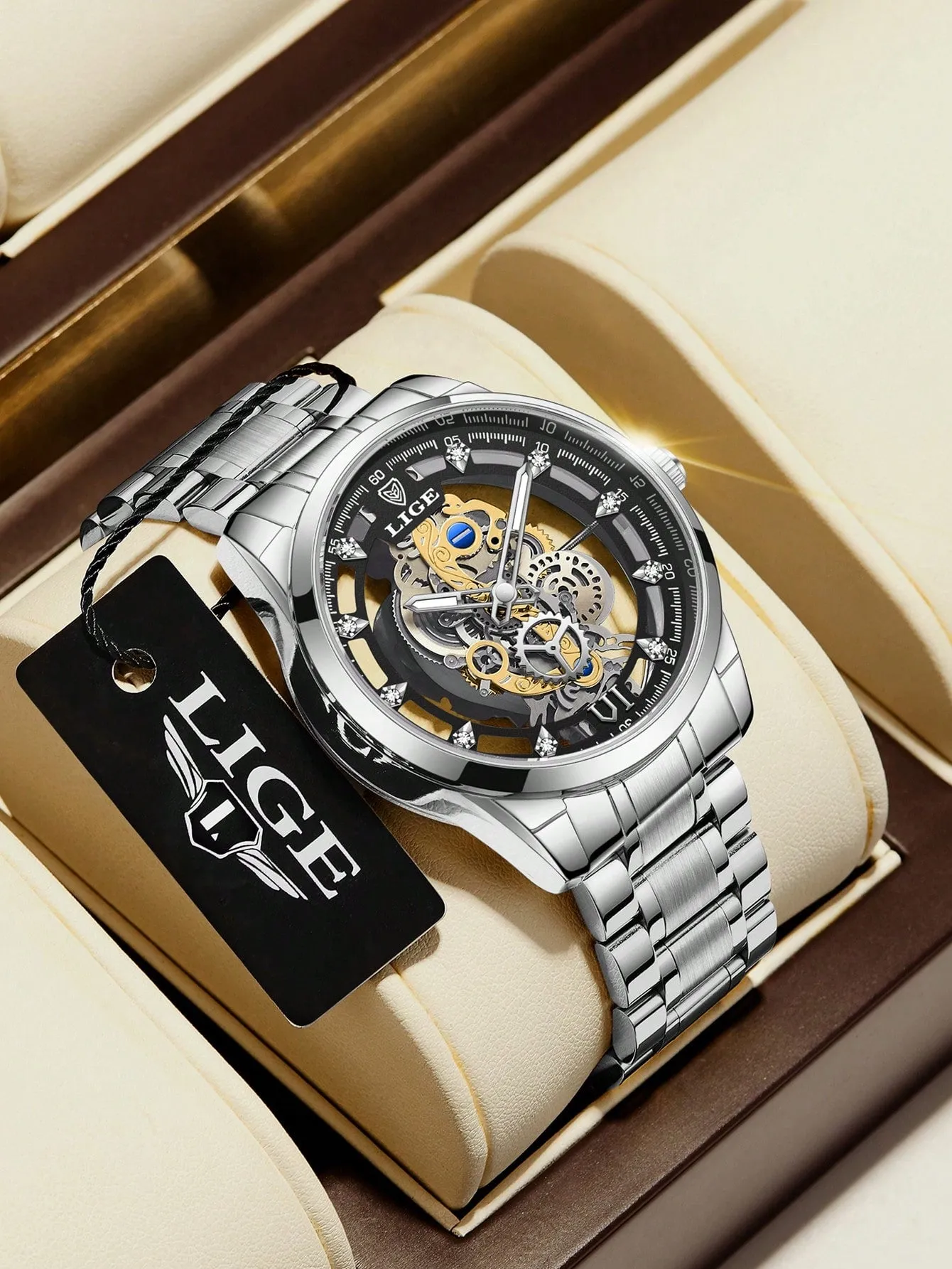 Men Hollow Out Round Pointer Mechanical Watch