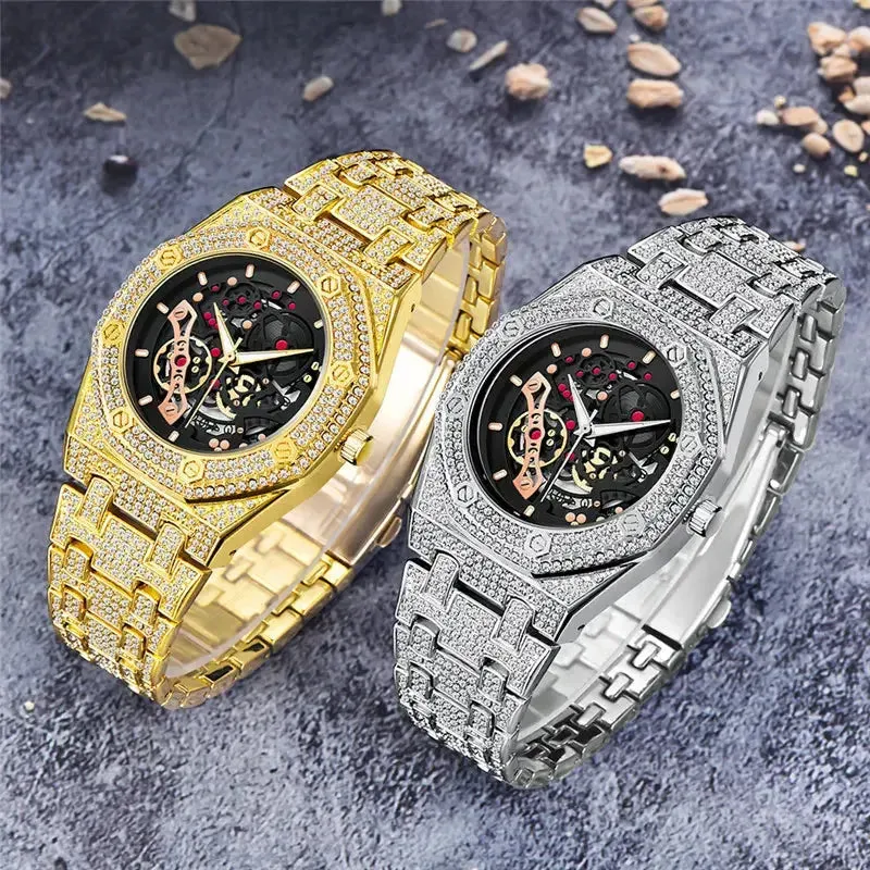 Men Luxury Brand Gold Watches Fashion Alloy Band Hip Hop Diamond