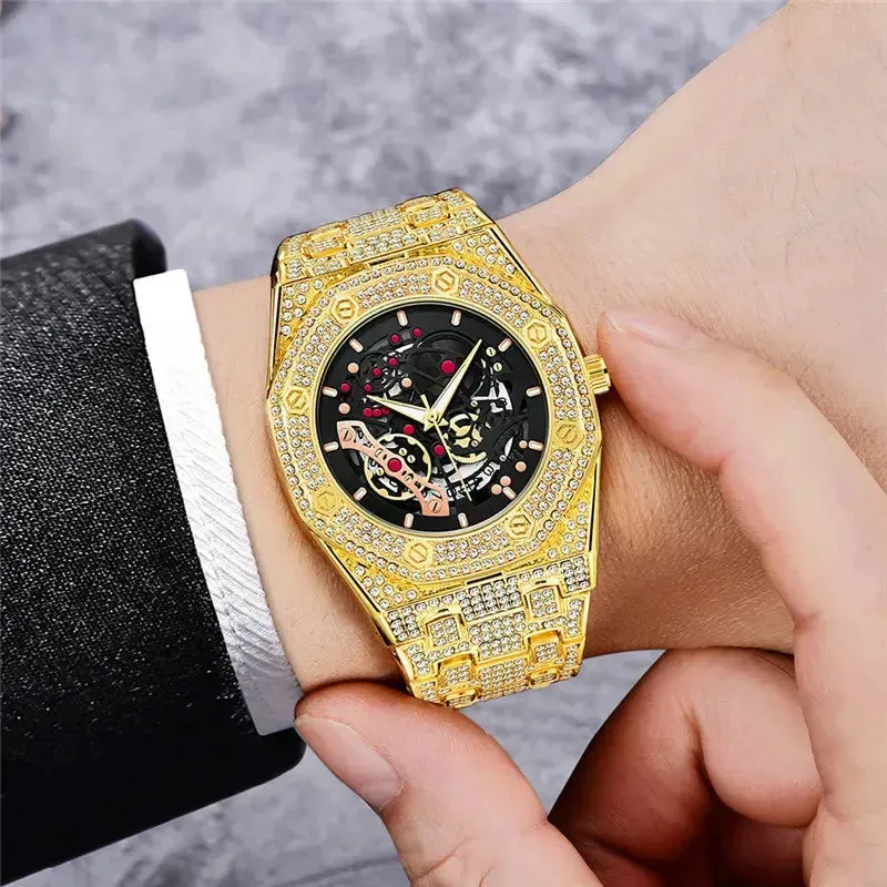 Men Luxury Brand Gold Watches Fashion Alloy Band Hip Hop Diamond